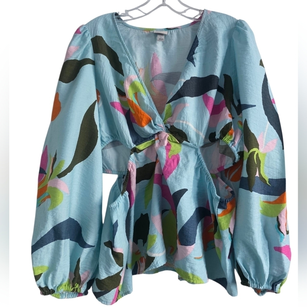 A New Day Tropical Print Peplum Blouse With Cut Outs Size Large